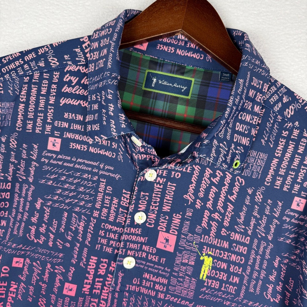 William Murray Polo Shirt Mens S Blue Pink Script Quote AOP Golf Short Sleeve